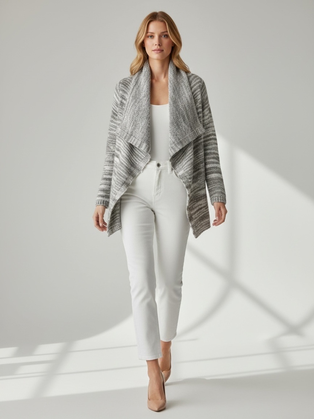 Ricki’s Cardigan Open Front Draped Collar Waterfall Sweater Grey White XS